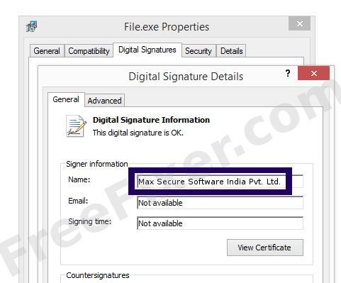 Screenshot of the Max Secure Software India Pvt. Ltd. certificate